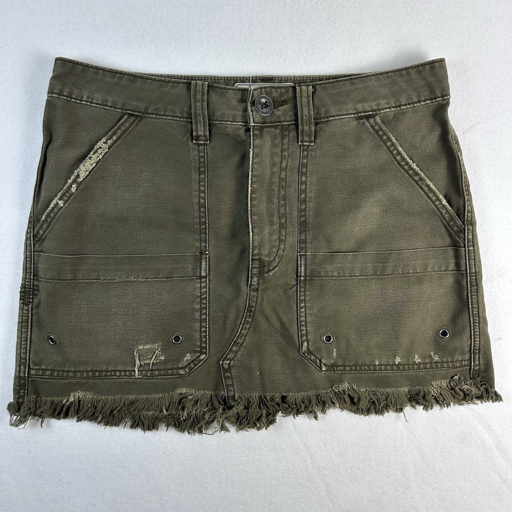 Free People Utility Cargo Mini Skirt Women's 27 Tan/Army Green Denim Raw Hem